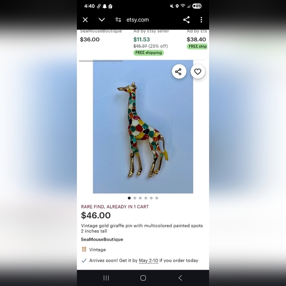 Vintage Gold Giraffe Pin with Multicolored Painted Spots 2 Inches Tall - Picture 4 of 4